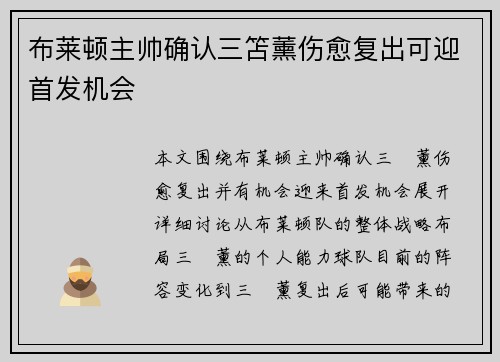 布莱顿主帅确认三笘薰伤愈复出可迎首发机会