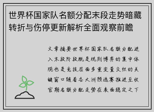 世界杯国家队名额分配末段走势暗藏转折与伤停更新解析全面观察前瞻