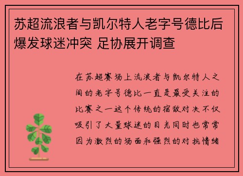 苏超流浪者与凯尔特人老字号德比后爆发球迷冲突 足协展开调查